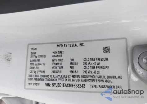 2021 Tesla Model 3 Standard Range Plus Rear-Wheel Drive from USA, damaged, VIN 5YJ3E1EAXMF838243